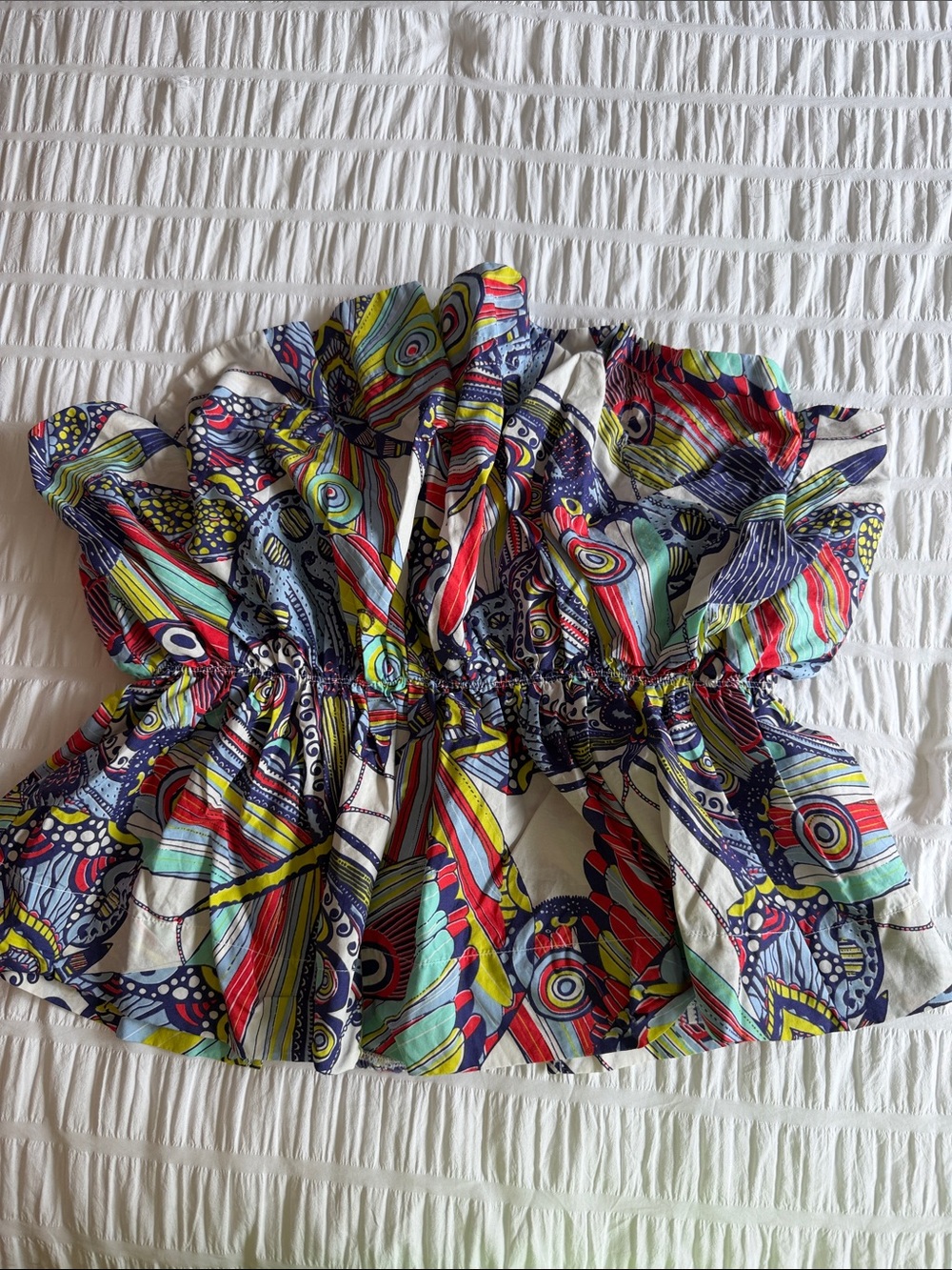 Anthropologie Colorful Abstract Print Strapless Ruffled Top